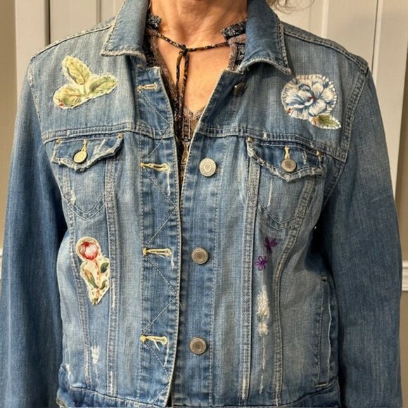 American Eagle Upcycled Patchwork Floral Design Jean Jacket OOAK Boho Size XL - Picture 5 of 9